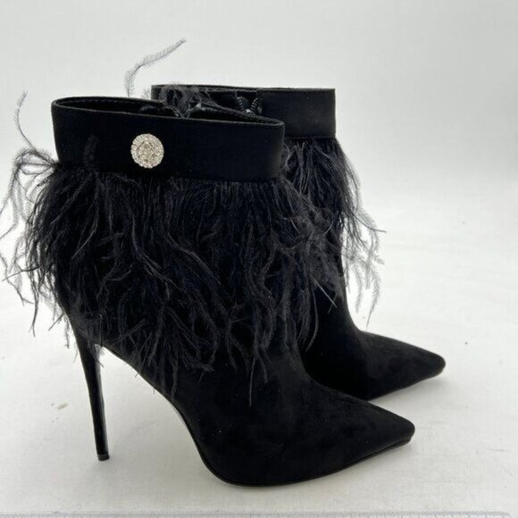 Black Women Fluffy Feather Tassel Ankle Boots Pointed Toe Stiletto High Heels - Picture 1 of 6
